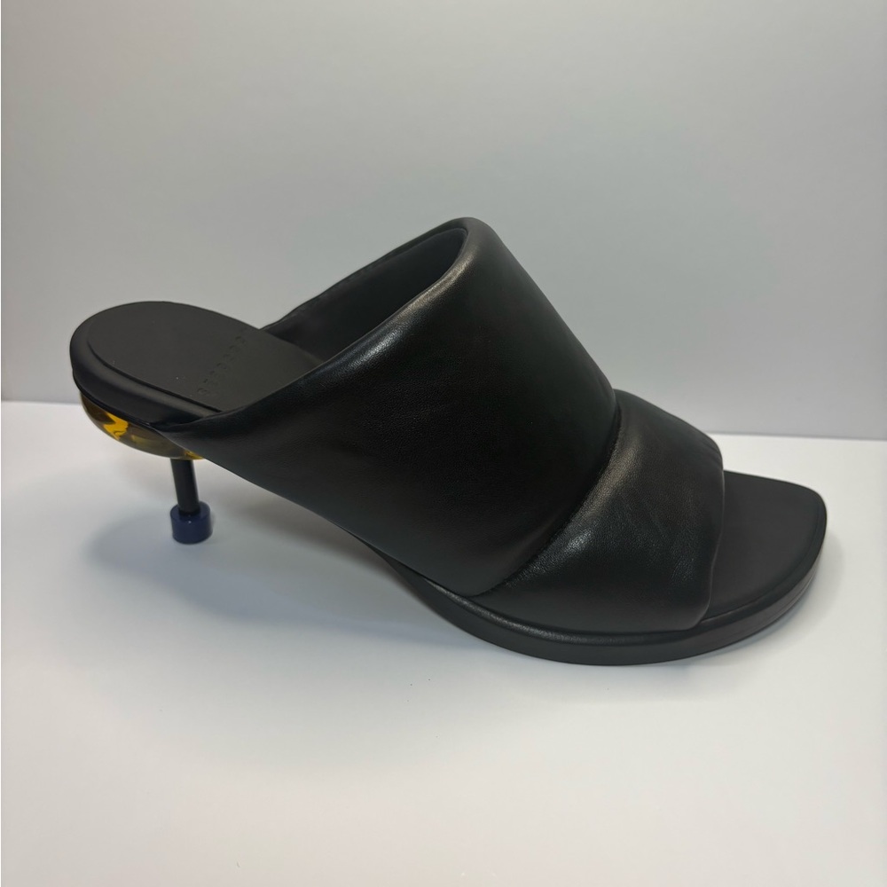 4CCCCEES Osha Pillow Heels, Chic Black Leather Mules with Unique Heel US size 10